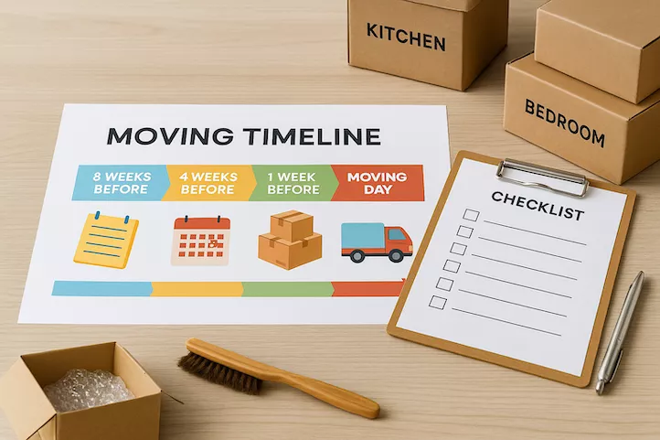 En illustrativ tidslinje för flytt visas på ett bord, tillsammans med en checklista och staplade flyttlådor